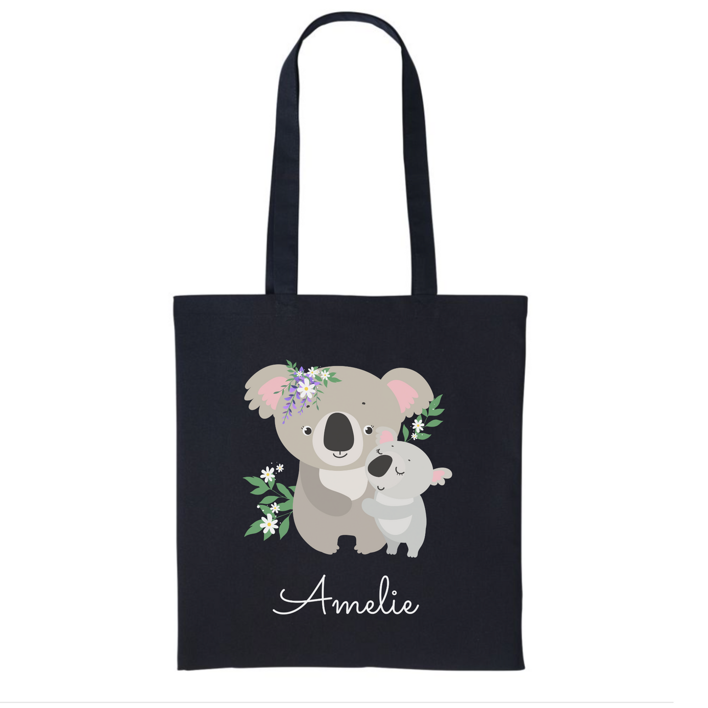 Girls black personalised cotton tote bags featuring a mother and baby koala with floral accents, printed with the name underneath the design.