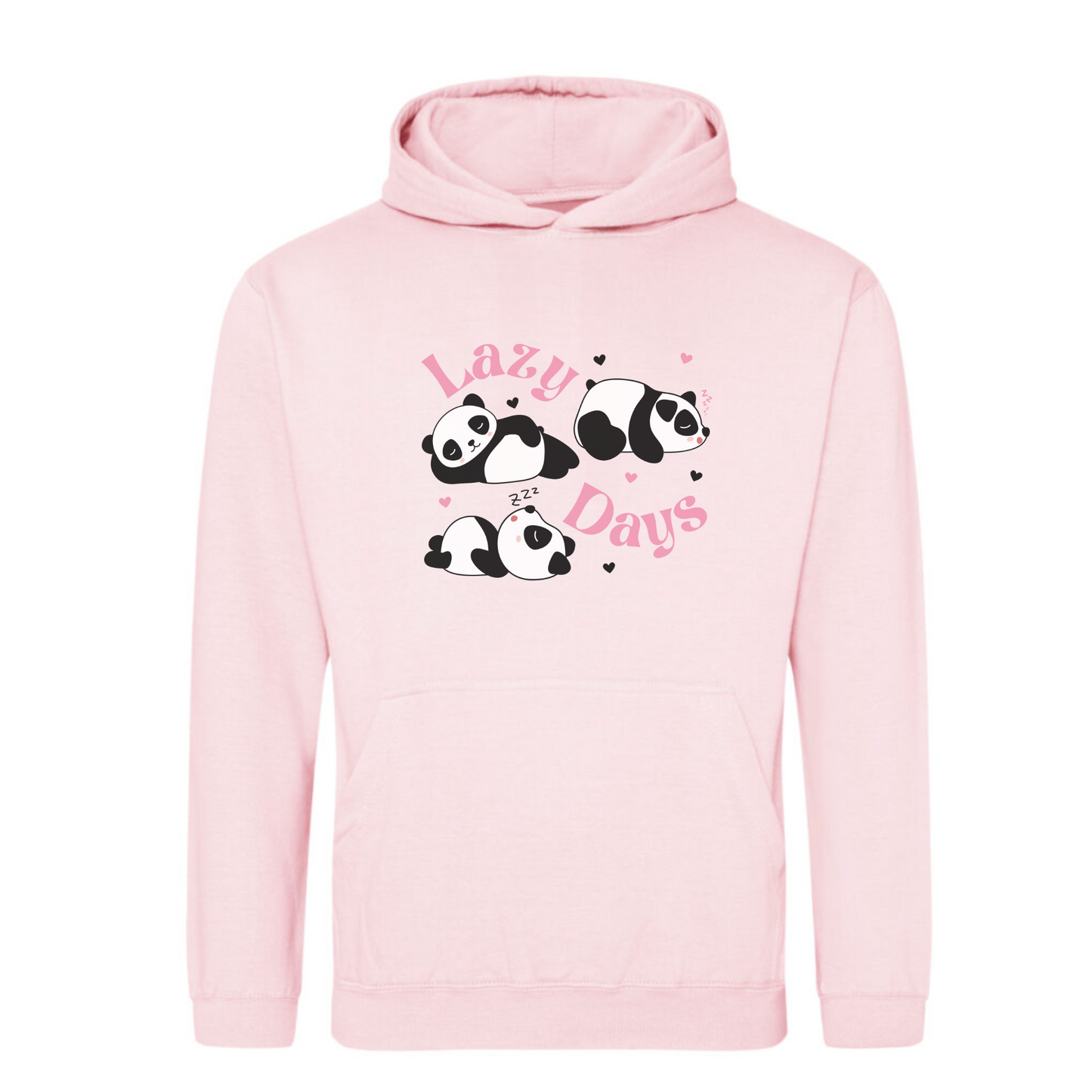 Ladies light pink pullover hoodie with a 'Lazy Days' text and panda graphic on the front.