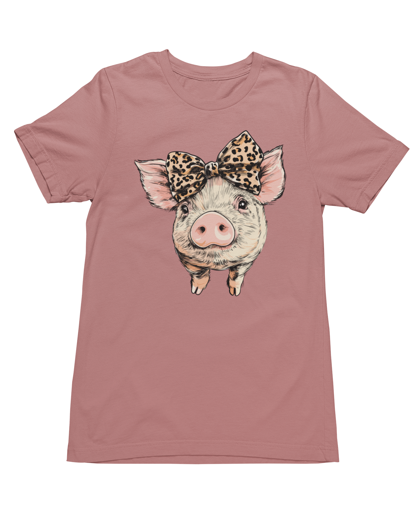 Ladies mauve cotton t-shirt featuring a cute pig with a leopard print bow