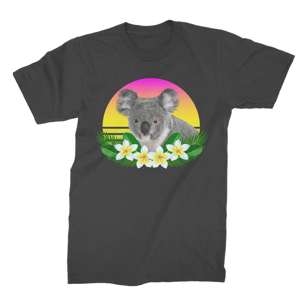 Ladies black cotton t-shirt with a tropical koala, sunset background and frangipani flowers