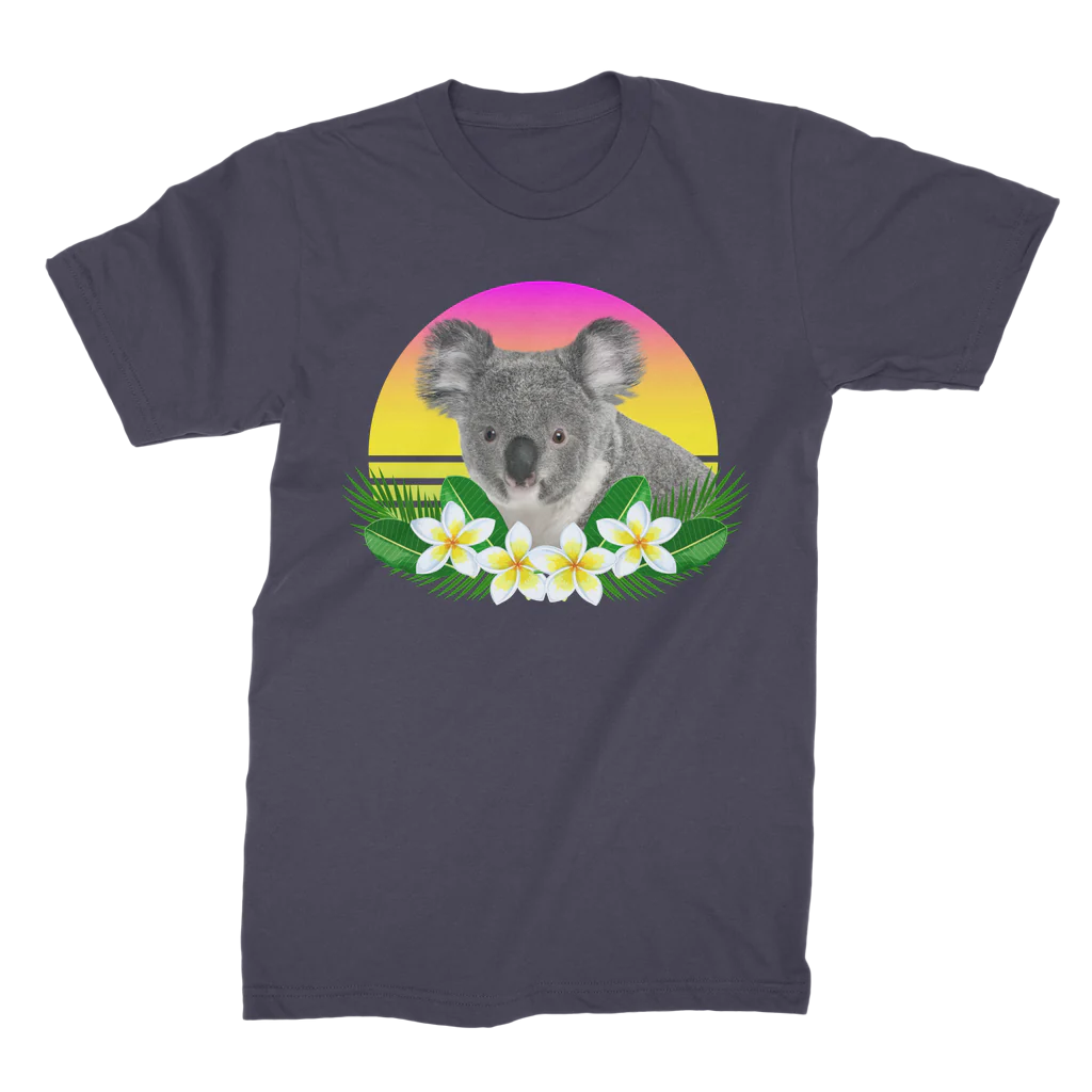 Ladies navy cotton t-shirt with a tropical koala, sunset background and frangipani flowers
