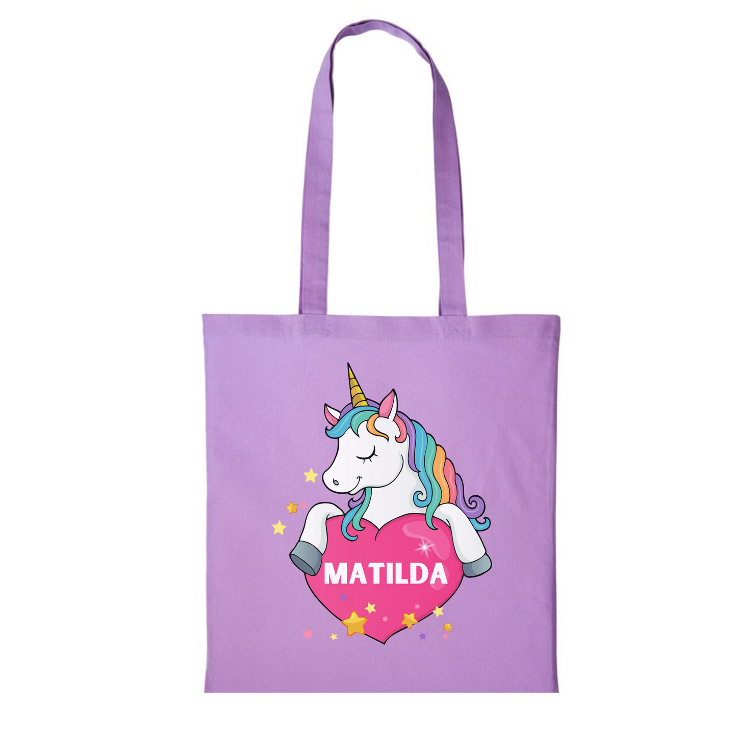 Girl lavender coloured cotton tote bag with a white unicorn holding a pink heart featuring a custom name inside the heart, surrounded by stars.