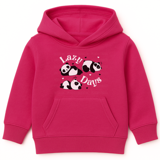 Girls hot-pink pullover hoodie with “Lazy Days” graphic featuring three cute pandas snoozing with black and white hearts.