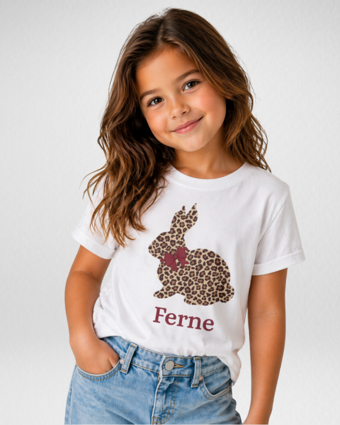 Little girl wearing custom leopard print bunny rabbit T-shirt girls white tee studio