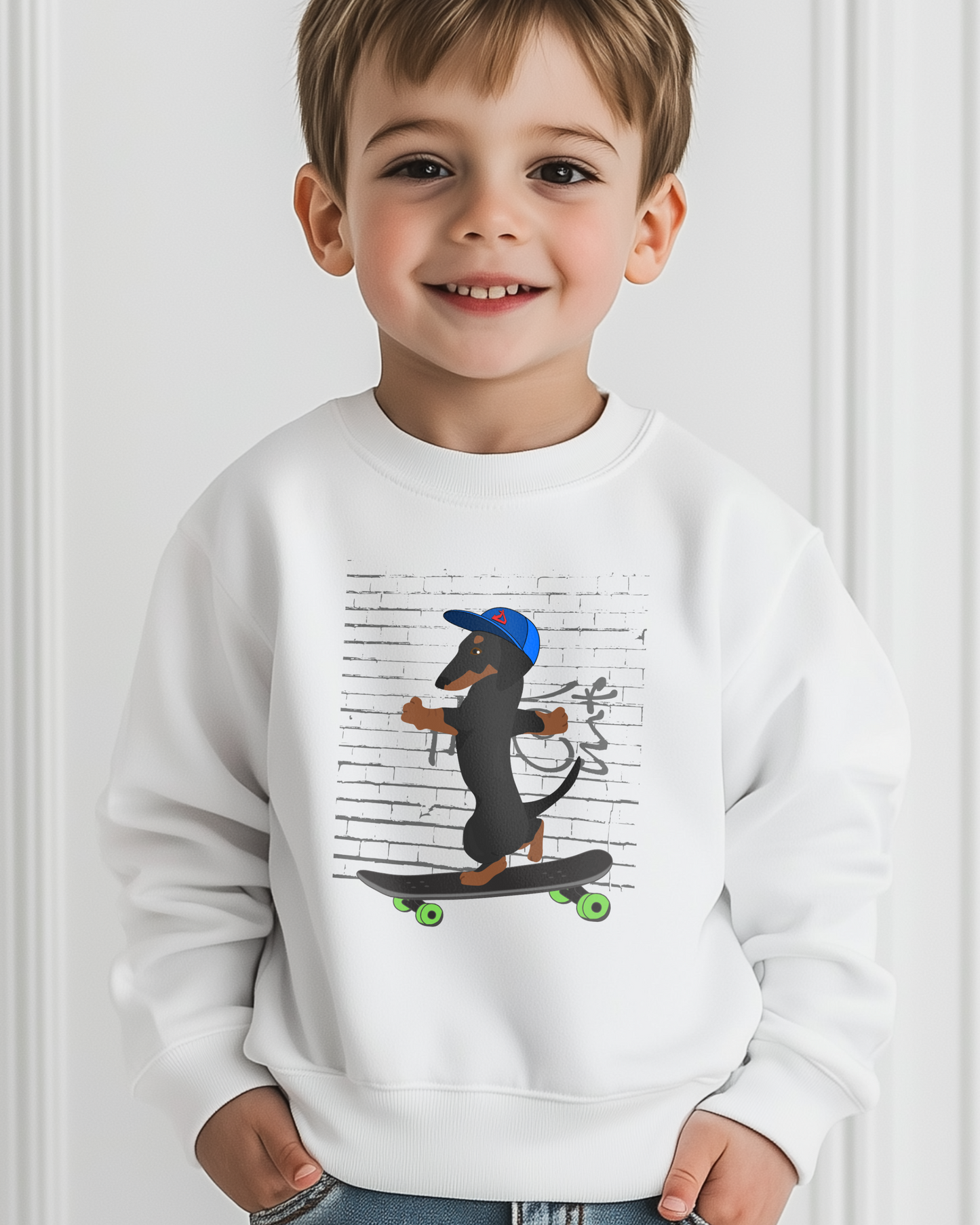 Smiling boy wearing a white sweatshirt with a skateboarding dachshund graphic on the front