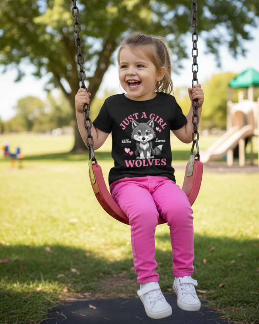 Little girl on playground swing wearing black “Just a Girl Who Loves Wolves” kids t-shirt with cute wolf graphic