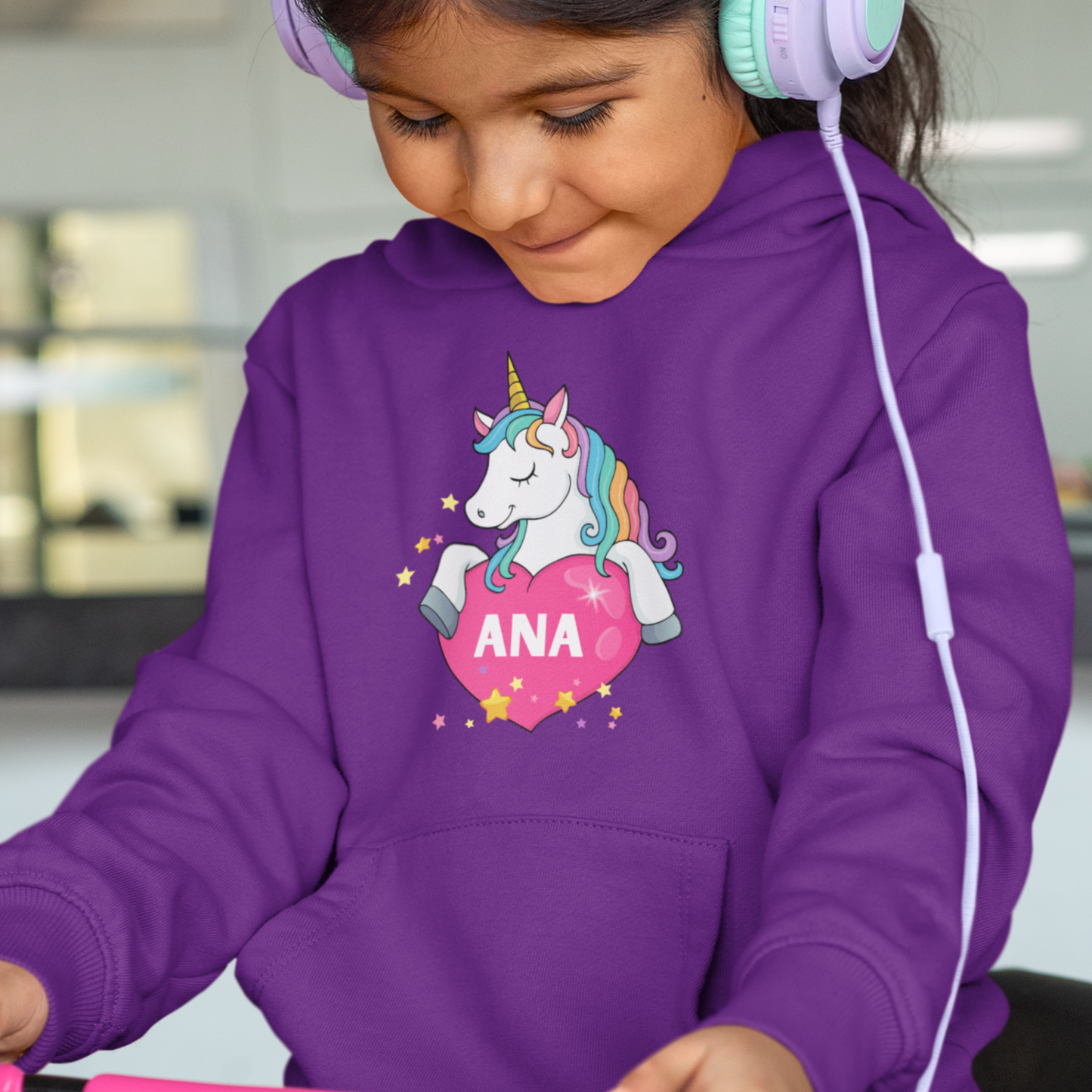 Girls Personalised Unicorn Hoodie - Custom Name Heart Design (Ages 3–13)