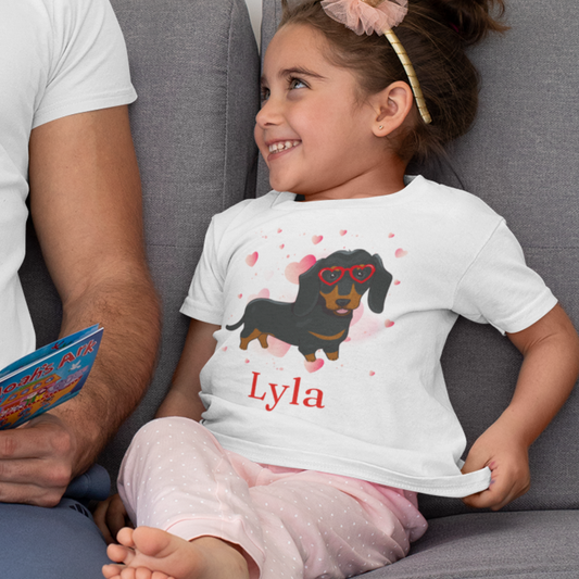 Girls Personalised Dachshund Heart Glasses T-Shirt (3-13 Yrs)
