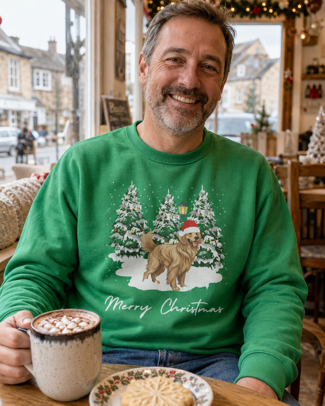 A smiling man in a cozy cafe setting wearing a green Christmas sweatshirt with a Santa hat wearing Golden Retriever dog and snowy Christmas tree graphic, holding a mug of hot chocolate with marshmallows.