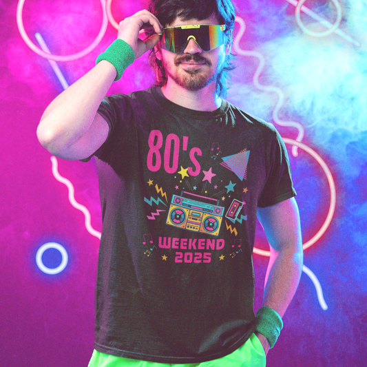 Man wearing black retro 80s weekend 2025 party t-shirt with neon boombox design