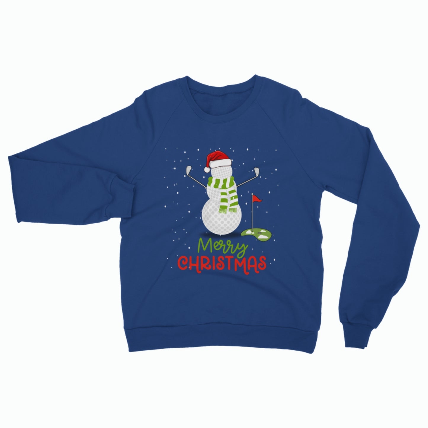 Mens festive golf jumper with snowman design in blue Christmas sweatshirt gift for golfers