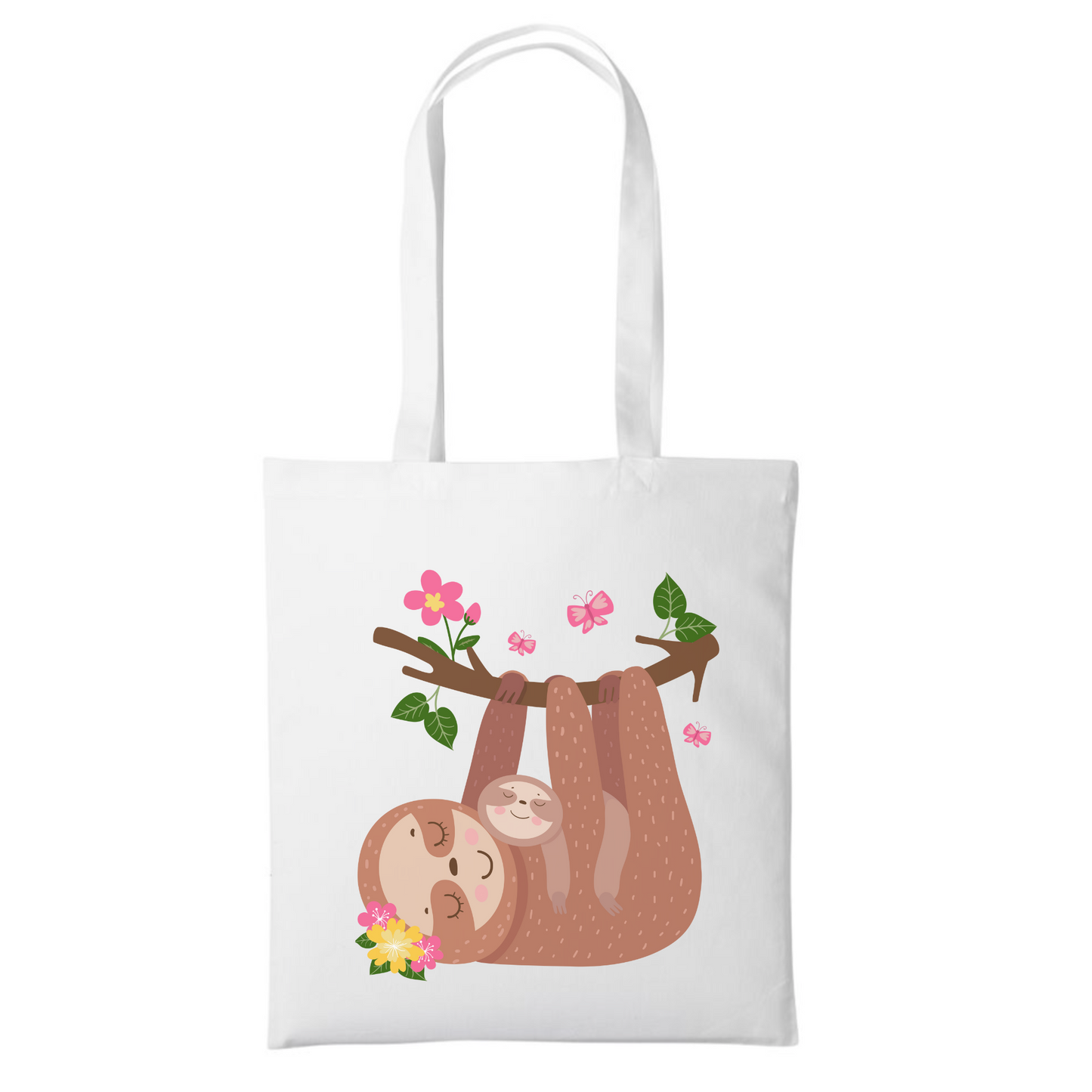 Girls white cotton tote bag featuring a cute mother and baby sloth illustration, hanging from a floral tree branch with pink butterflies.