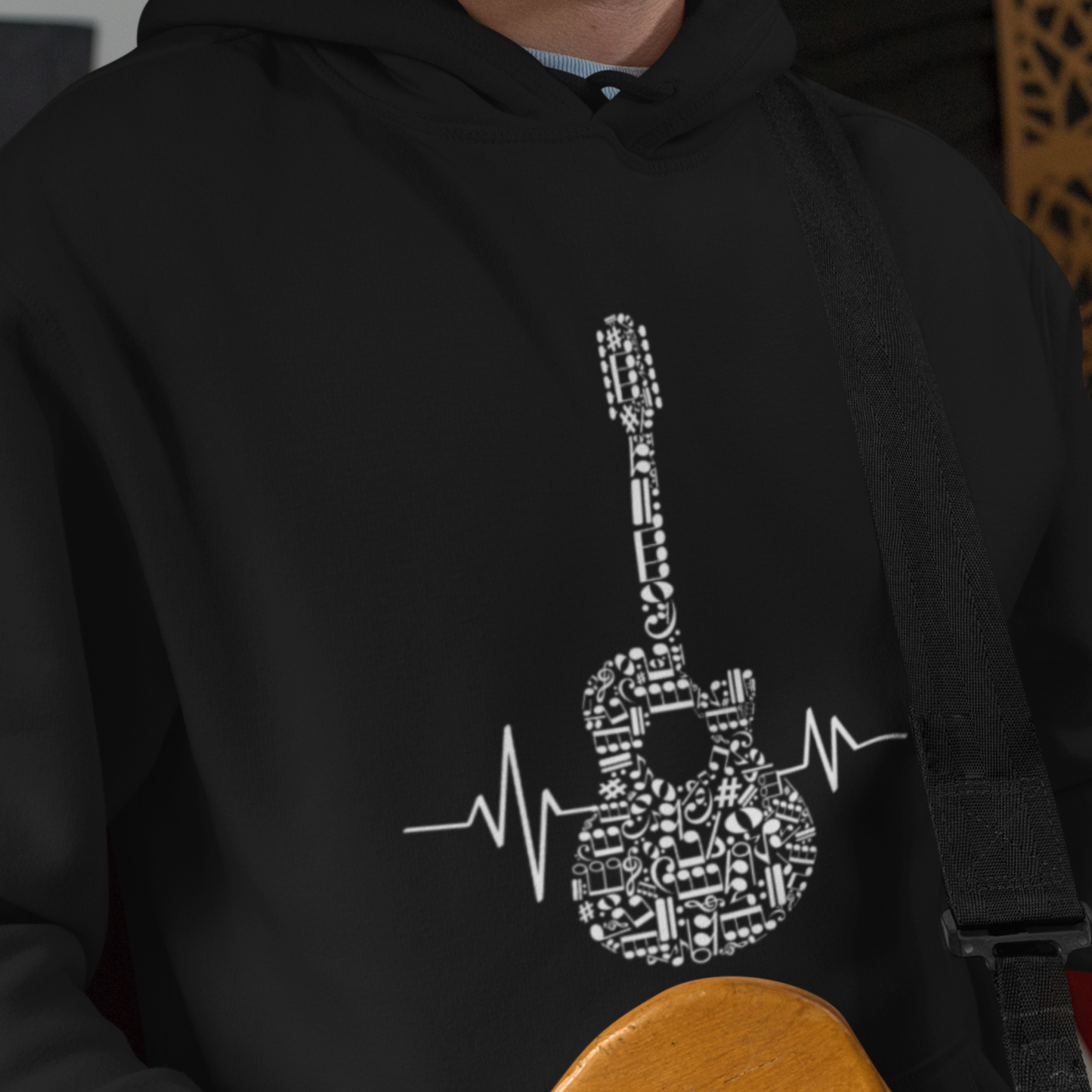 Music Notes Acoustic Guitar Heartbeat Hoodie | Unisex Adults