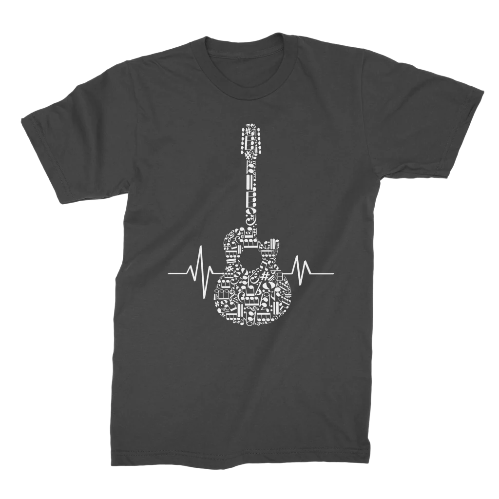 Adults black t-shirt with a graphic of a guitar made from musical notes and a heartbeat line, playing an acoustic guitar.