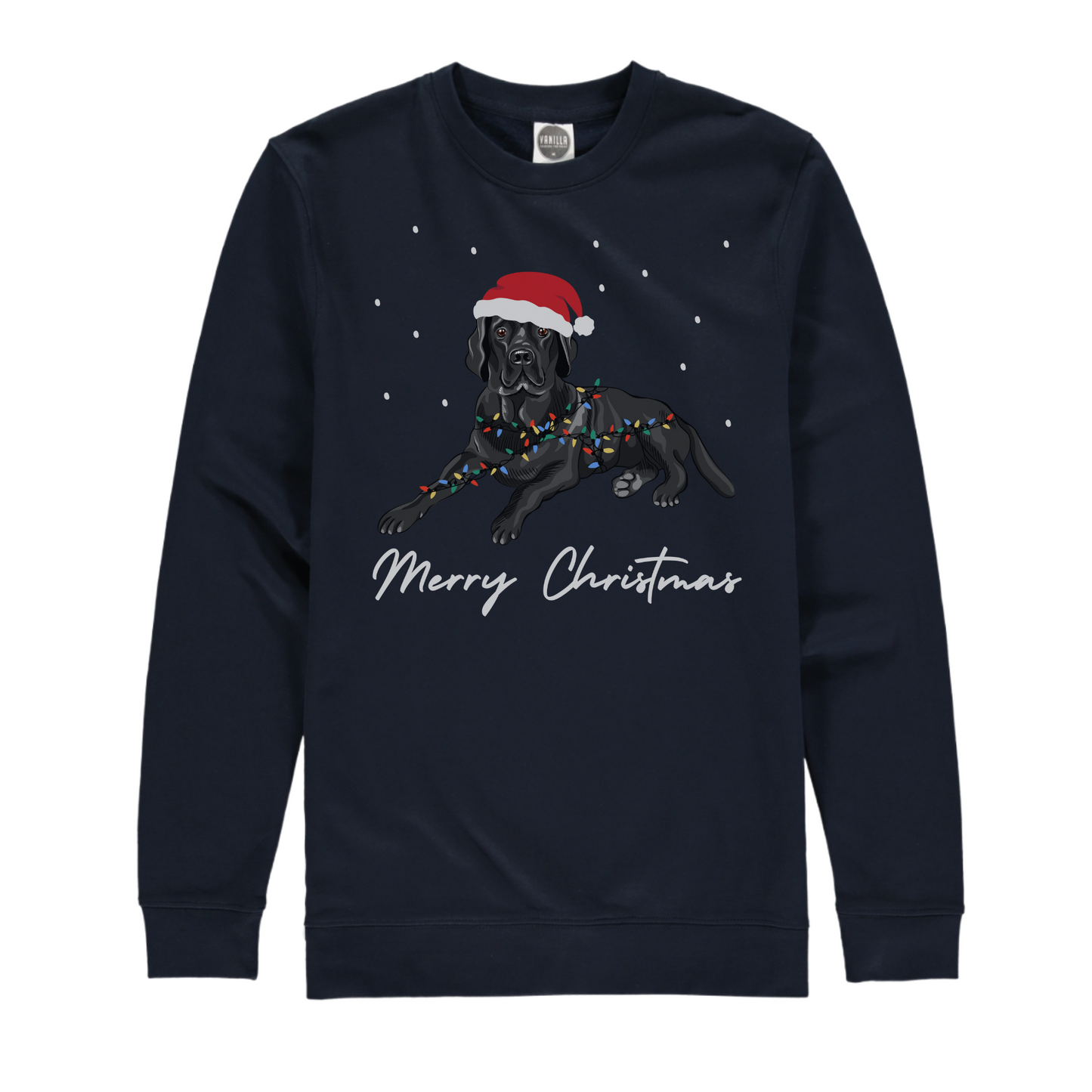 A navy festive sweatshirt with an image of a Labrador wearing a Santa hat and wrapped in festive lights, standing next to a black Labrador. The sweatshirt has the text 'Merry Christmas'.