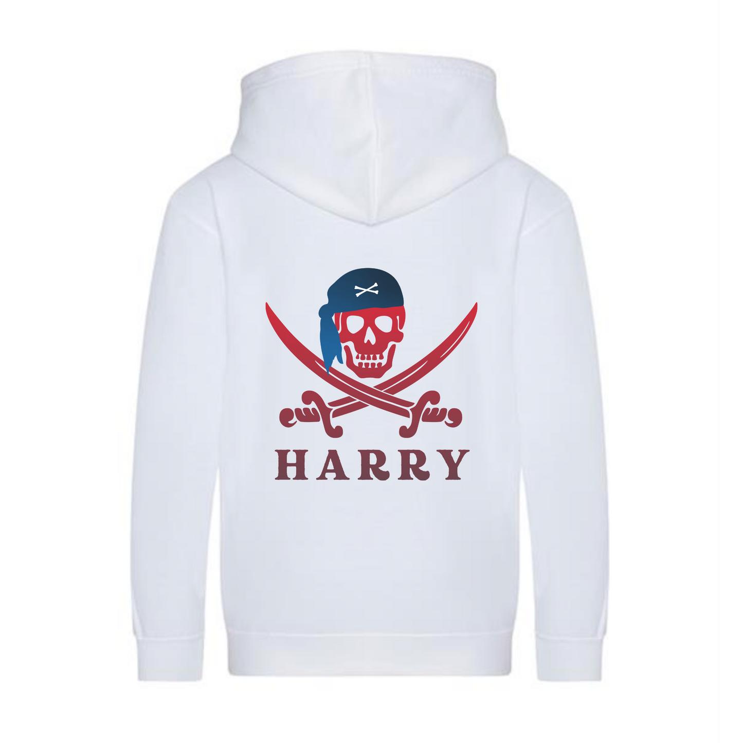 Back view of a white kids zip hoodie showing a large personalised pirate skull and crossed swords design with name.