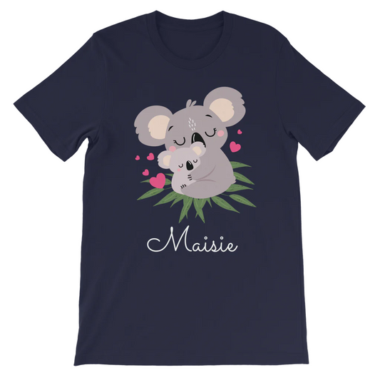Kids navy personalised T-shirt with a cute mother and baby koala illustration and her name printed below in white script.