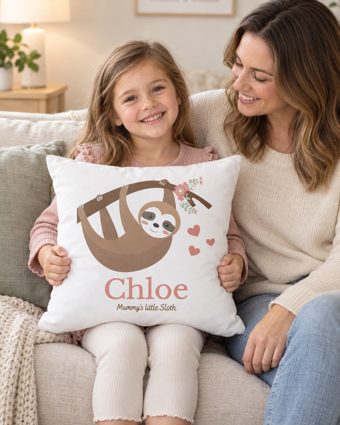 Girl holding a personalised Chloe Mummy’s Little Sloth cushion while sitting on a cream sofa beside her mum.