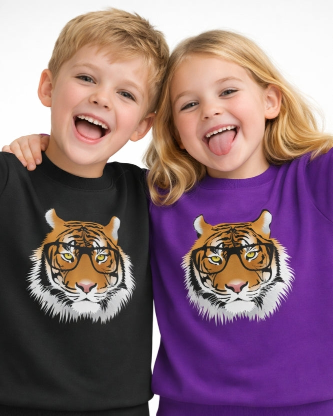 Kids tiger sweatshirt black and purple – playful children laughing studio photo, fun animal graphic kids jumper