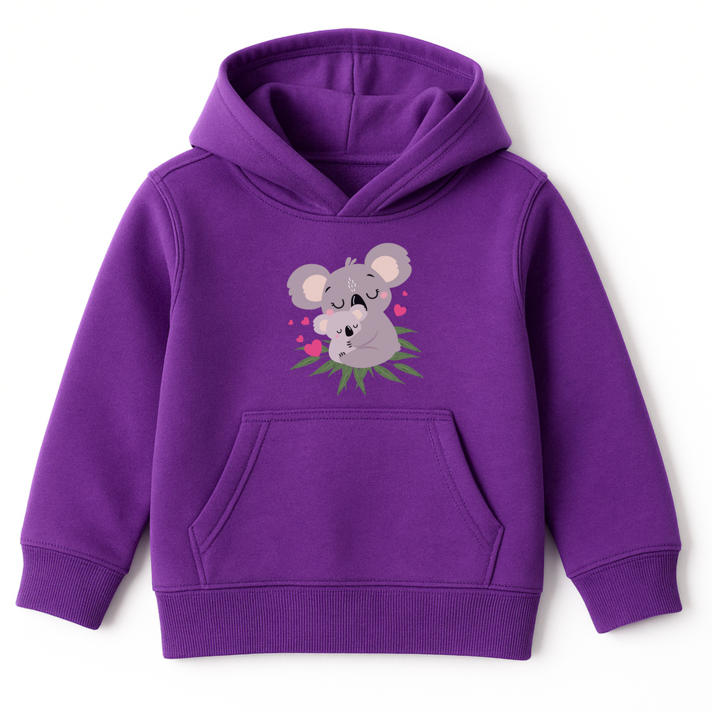 Girls purple hoodie with a koala design on a white background