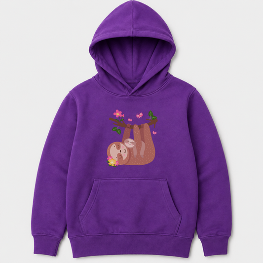 Purple children’s hoodie with a sweet mum and baby sloth hanging upside down beneath a flowered branch surrounded by butterflies.