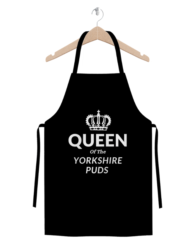 Queen of the Yorkshire Puds novelty apron in black cotton twill – funny cooking apron and baking apron gift with crown design