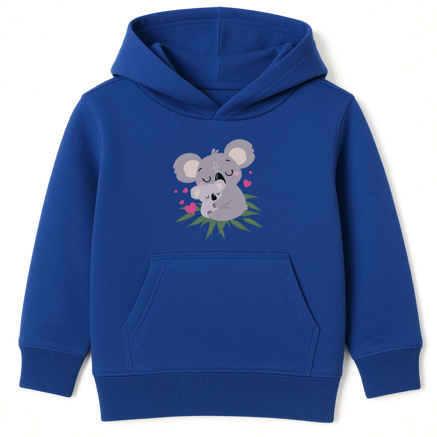 Kids Royal blue hoodie with a koala design on a white background