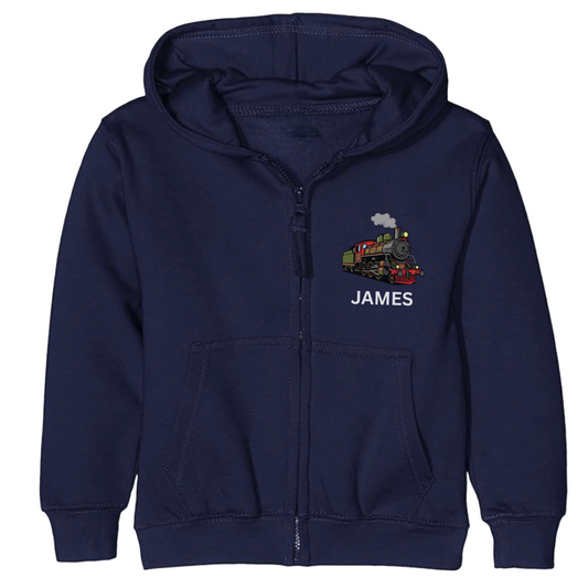 Kids navy personalised vintage steam train zip-up hoodie with name printed on left chest