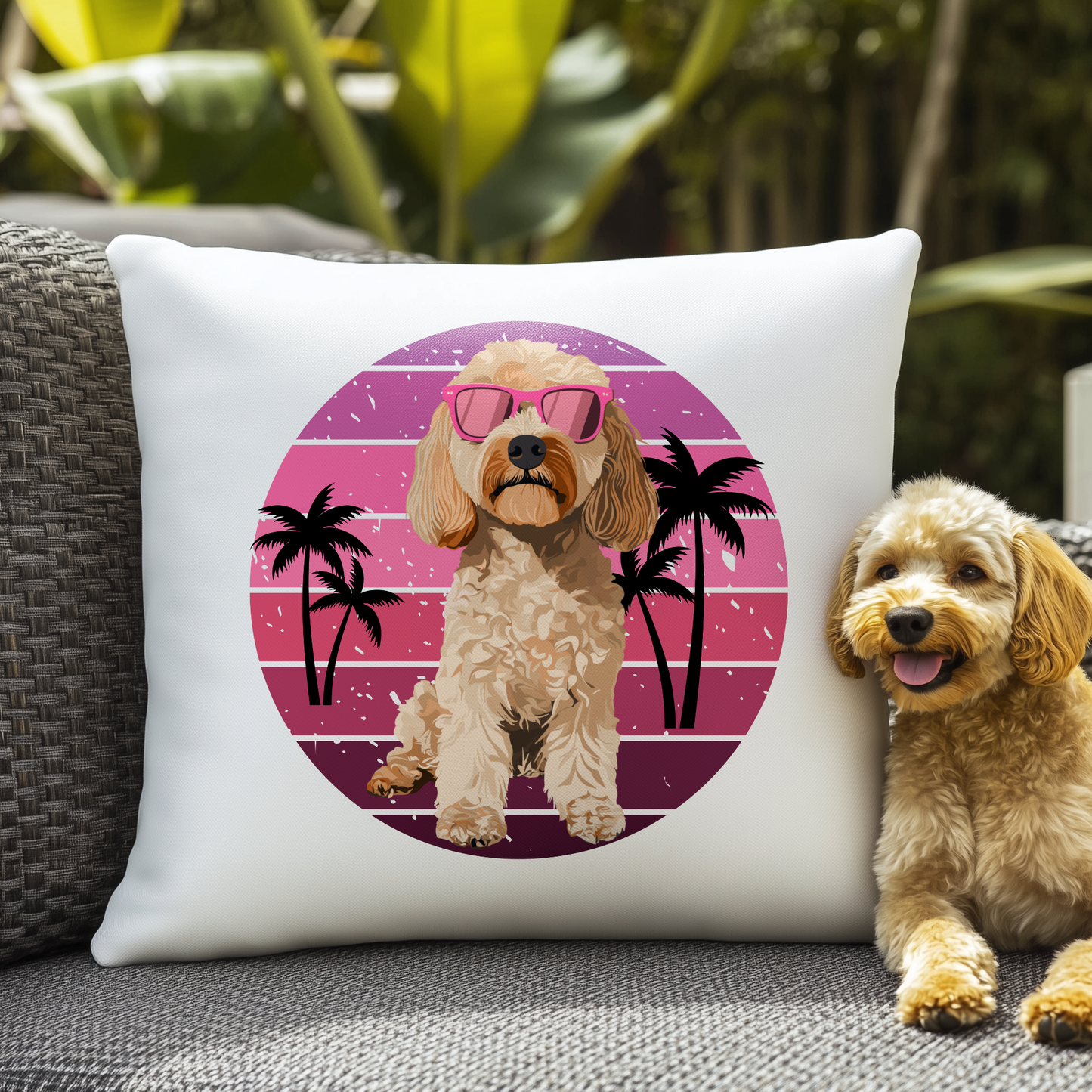 Cockapoo-themed cushion on an outdoor wicker chair, featuring a printed illustration of a cockapoo wearing pink sunglasses with a pink sunset and palm tree background. A real cockapoo sits beside the cushion, summery dog-lover scene.