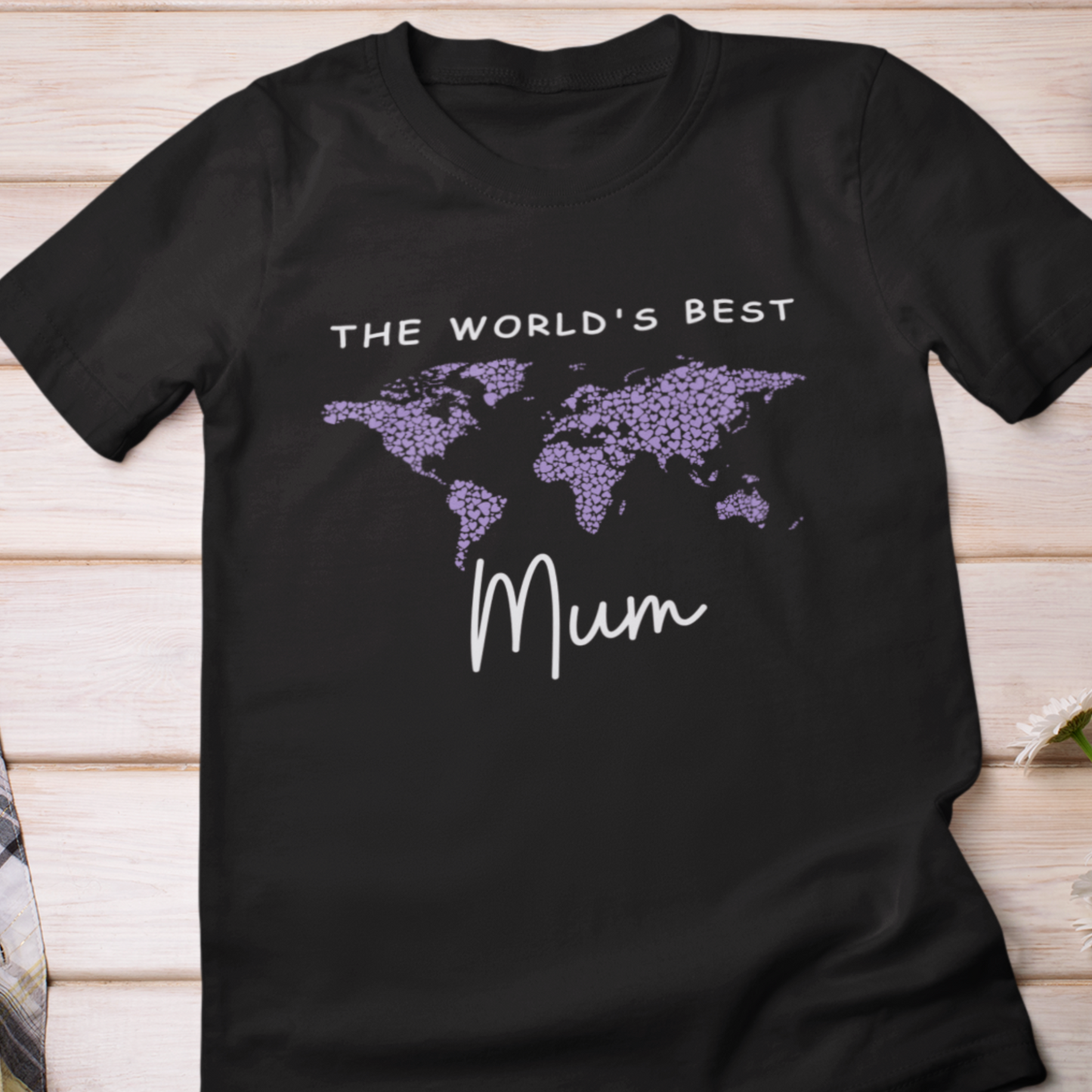 Black T-shirt with purple heart world map design and personalised ‘World’s Best Mum' text.