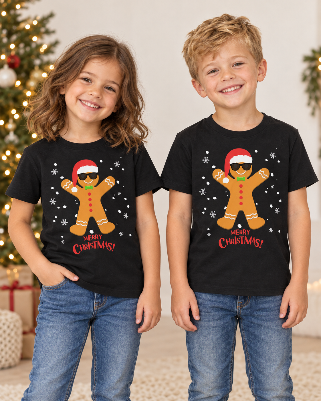 Two children standing side by side wearing matching black graphic t-shirts with a gingerbread man design and the text 'MERRY CHRISTMAS!'. The child on the left wears blue jeans, and the child on the right wears blue jeans.