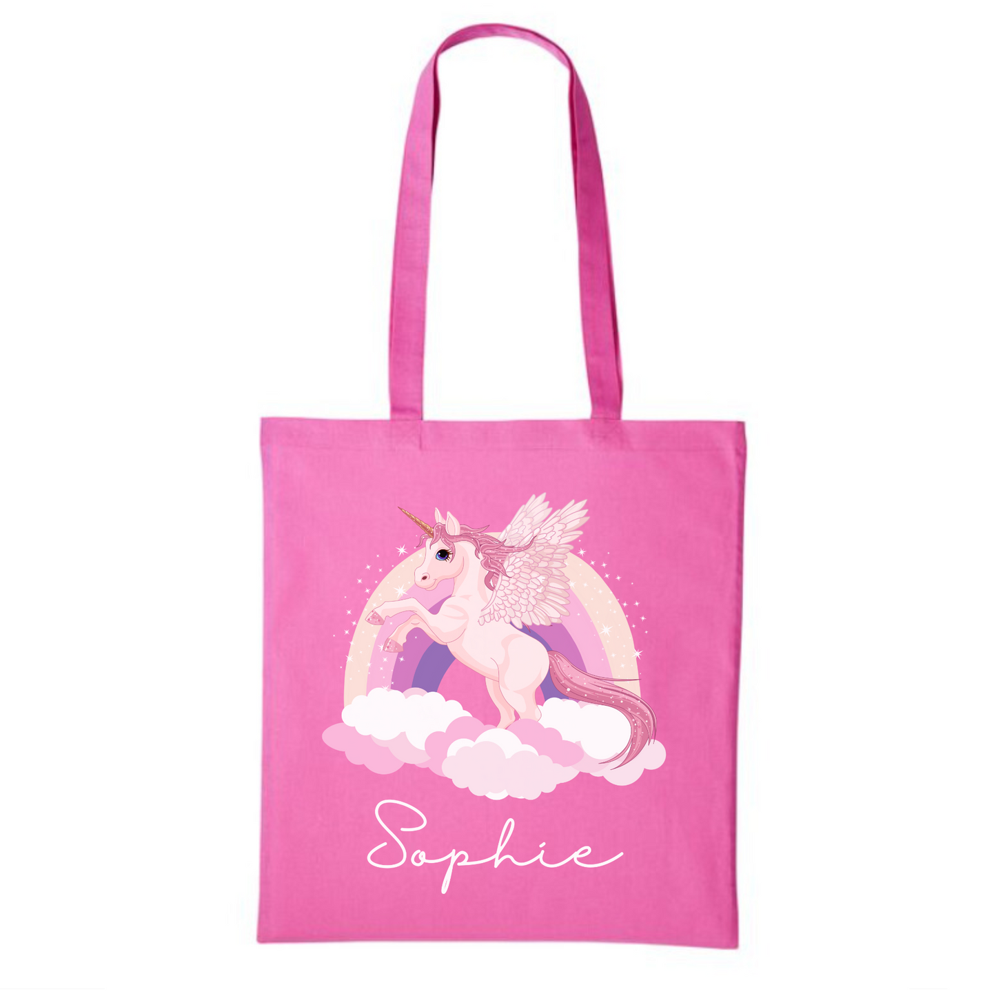 Girls pink cotton tote bag featuring a pastel coloured rainbow and unicorn print with the custom name in white script