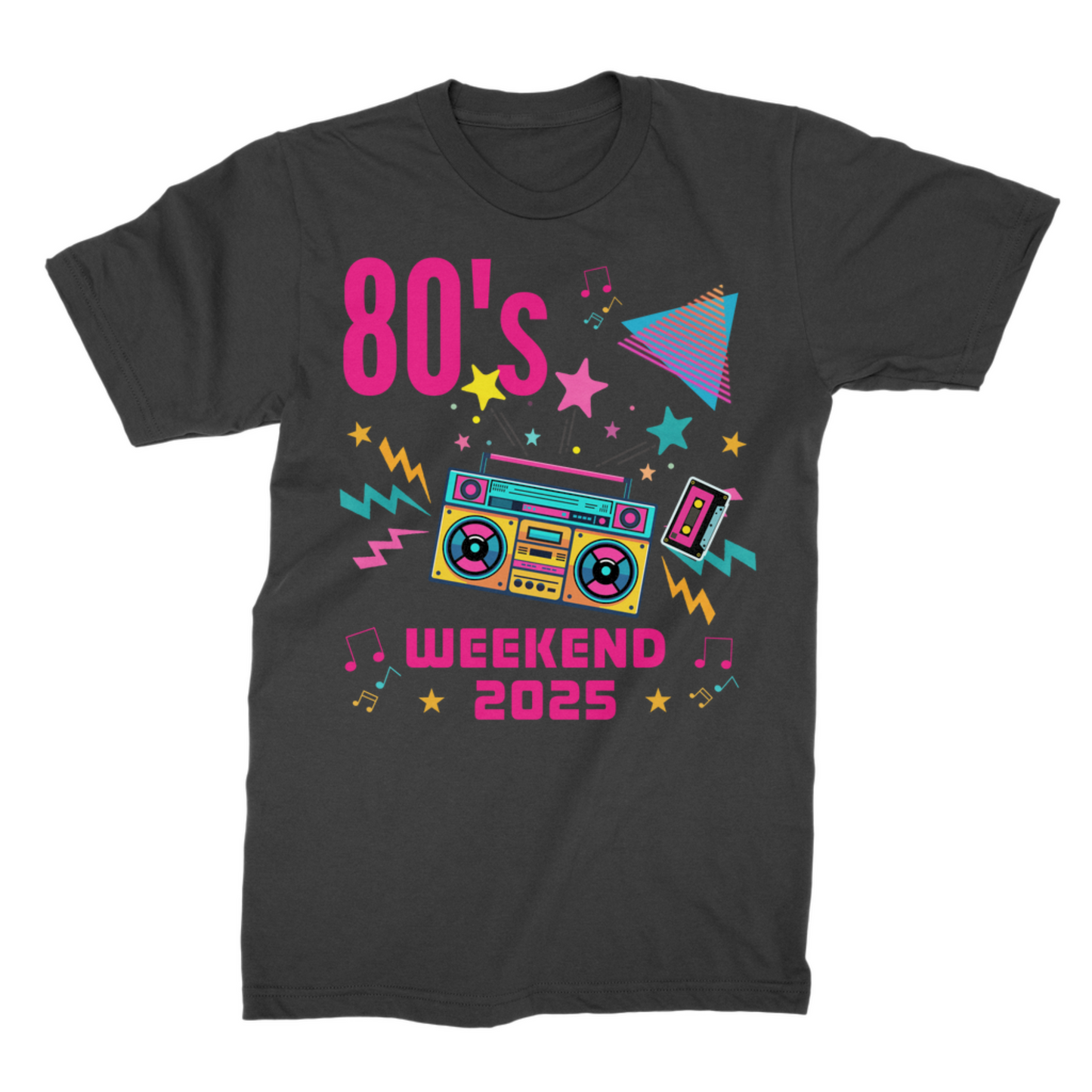 '80's Weekend 2025' T-shirt with vibrant graphics featuring retro elements