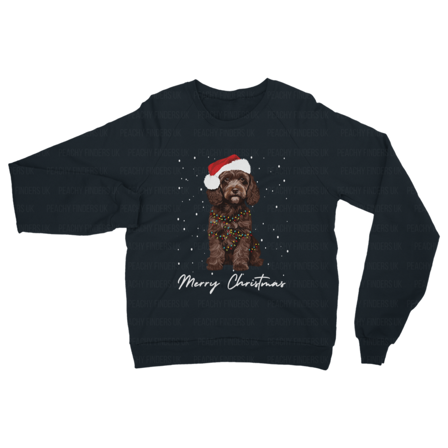 Adults navy Christmas sweatshirt with a chocolate brown cockapoo wearing a Santa hat and 'Merry Christmas'.