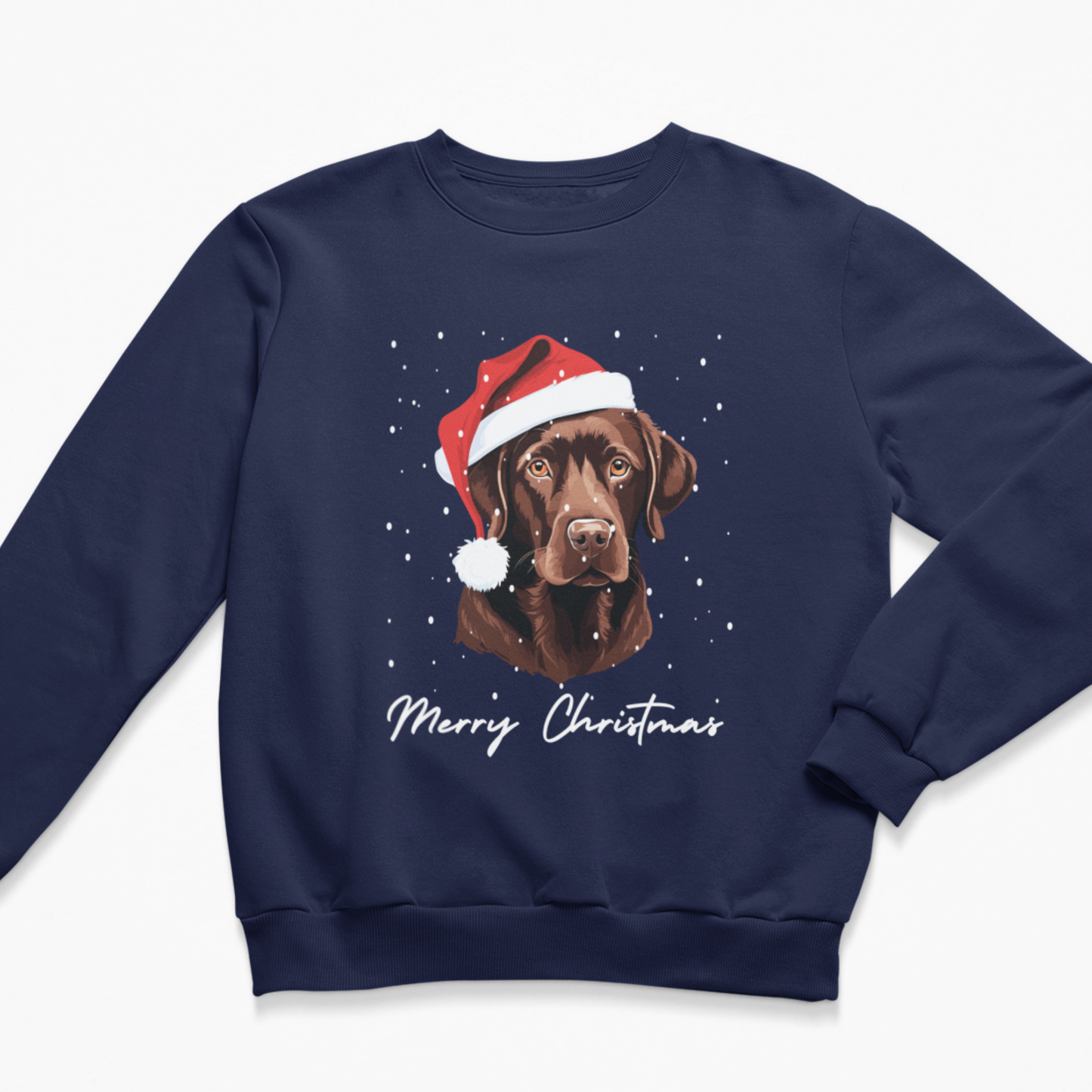 A navy blue crewneck sweatshirt featuring a graphic of a chocolate Labrador dog wearing a red Santa hat, with 'Merry Christmas' written in white script below, displayed on a clean white background.