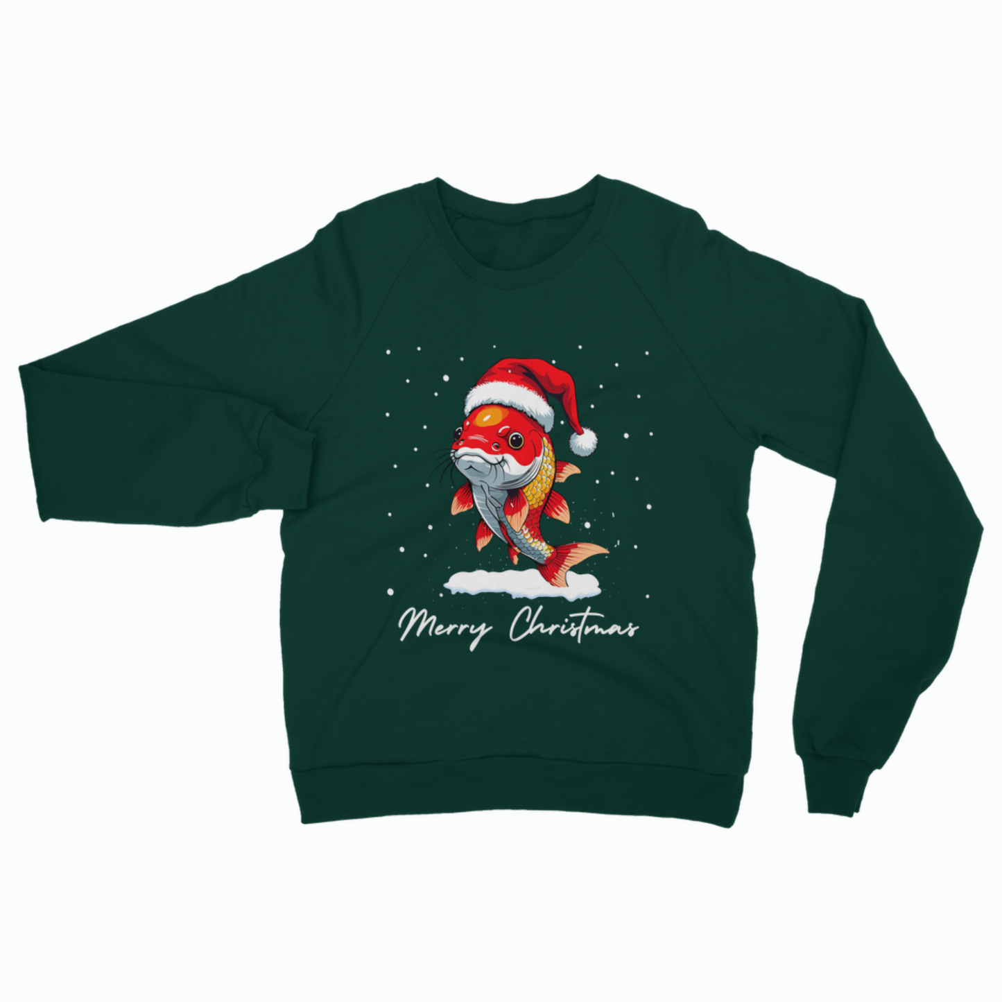 Dark green unisex Christmas sweatshirt featuring a colourful koi carp wearing a Santa hat, surrounded by falling snow and the words “Merry Christmas” printed underneath.