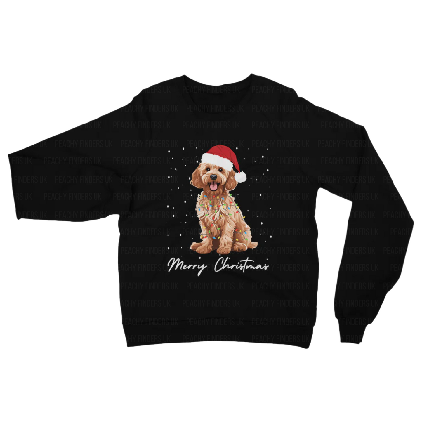 Adults black Christmas-themed sweatshirt with a golden cockapoo wearing a Santa hat, wrapped in fairy lights and 'Merry Christmas' text.