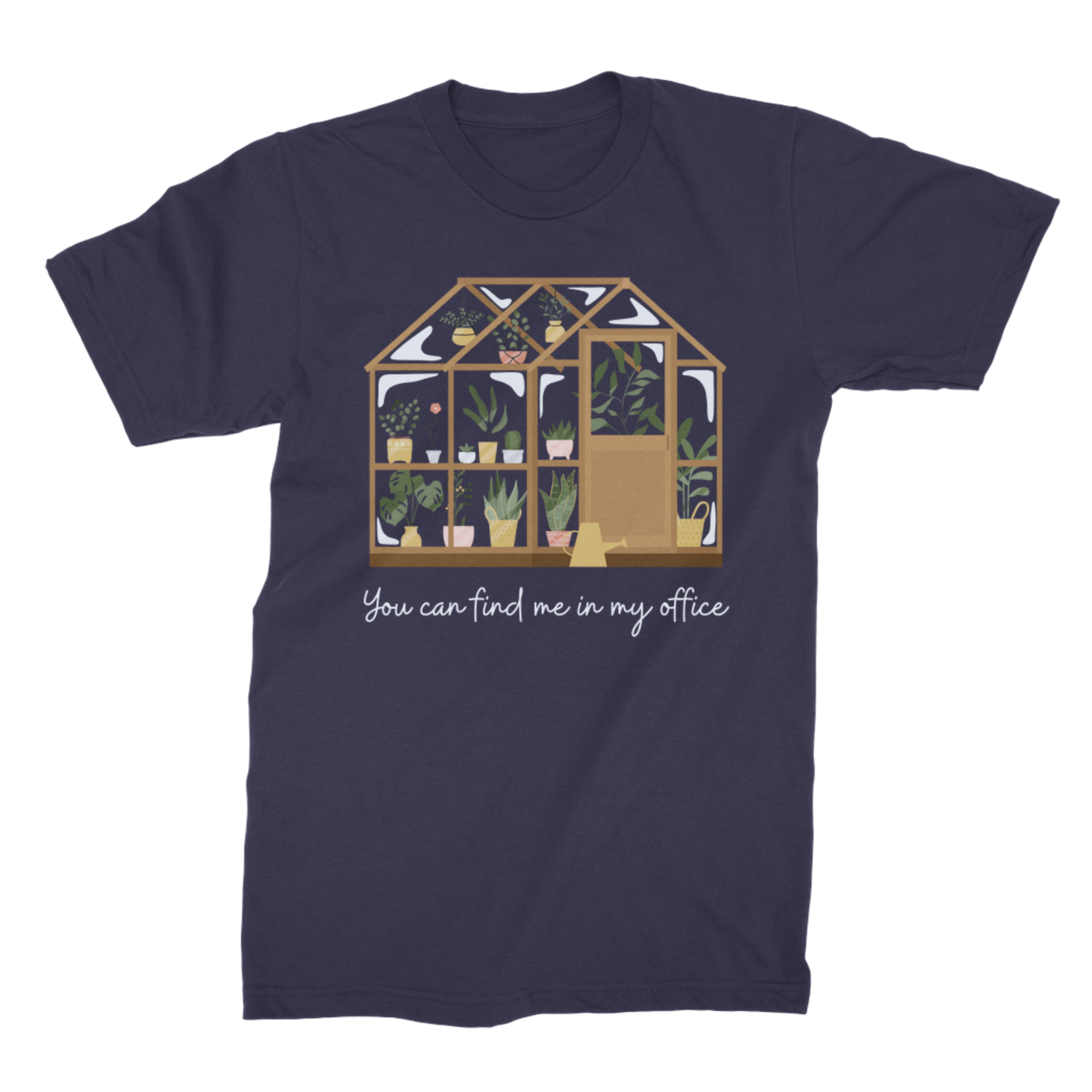 Navy unisex T-shirt featuring a greenhouse filled with potted plants and a gardening slogan