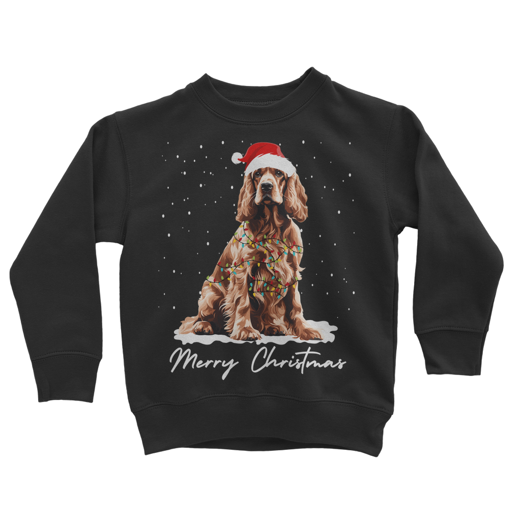 A kids black festive sweatshirt with a graphic of a golden cocker spaniel wearing a Santa hat and the text 'Merry Christmas'.