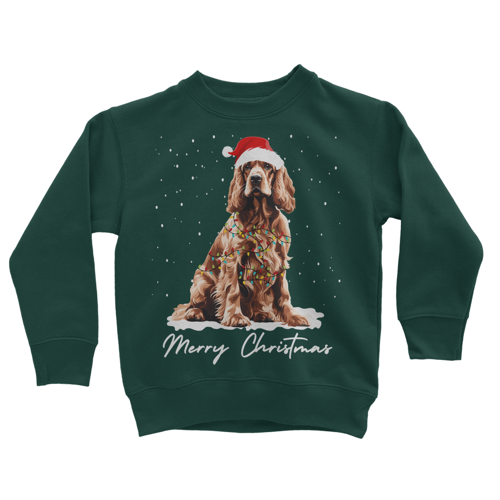 A kids dark green festive sweatshirt with a graphic of a golden cocker spaniel wearing a Santa hat and the text 'Merry Christmas'.