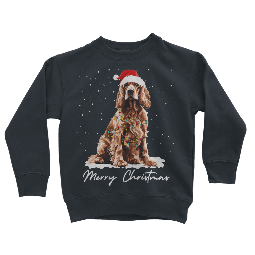 A kids navy festive sweatshirt with a graphic of a cocker spaniel wearing a Santa hat and the text 'Merry Christmas'.