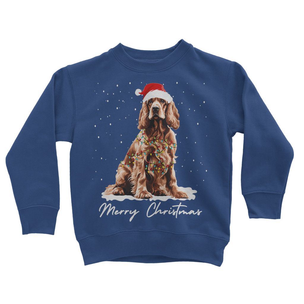 A kids royal blue festive sweatshirt with a graphic of a cocker spaniel wearing a Santa hat and the text 'Merry Christmas'.