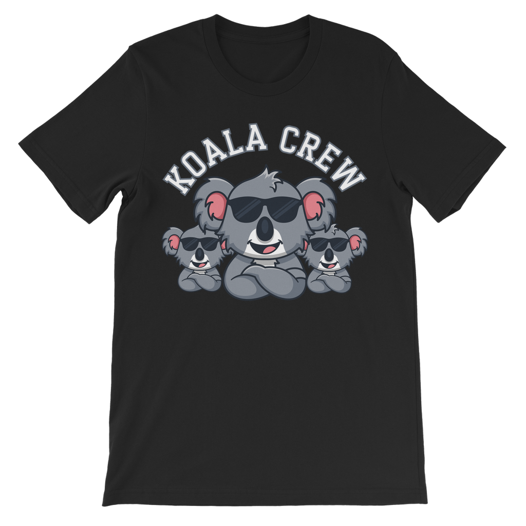 Kids black Koala Crew T-shirts with cartoon koala family graphic and arched text
