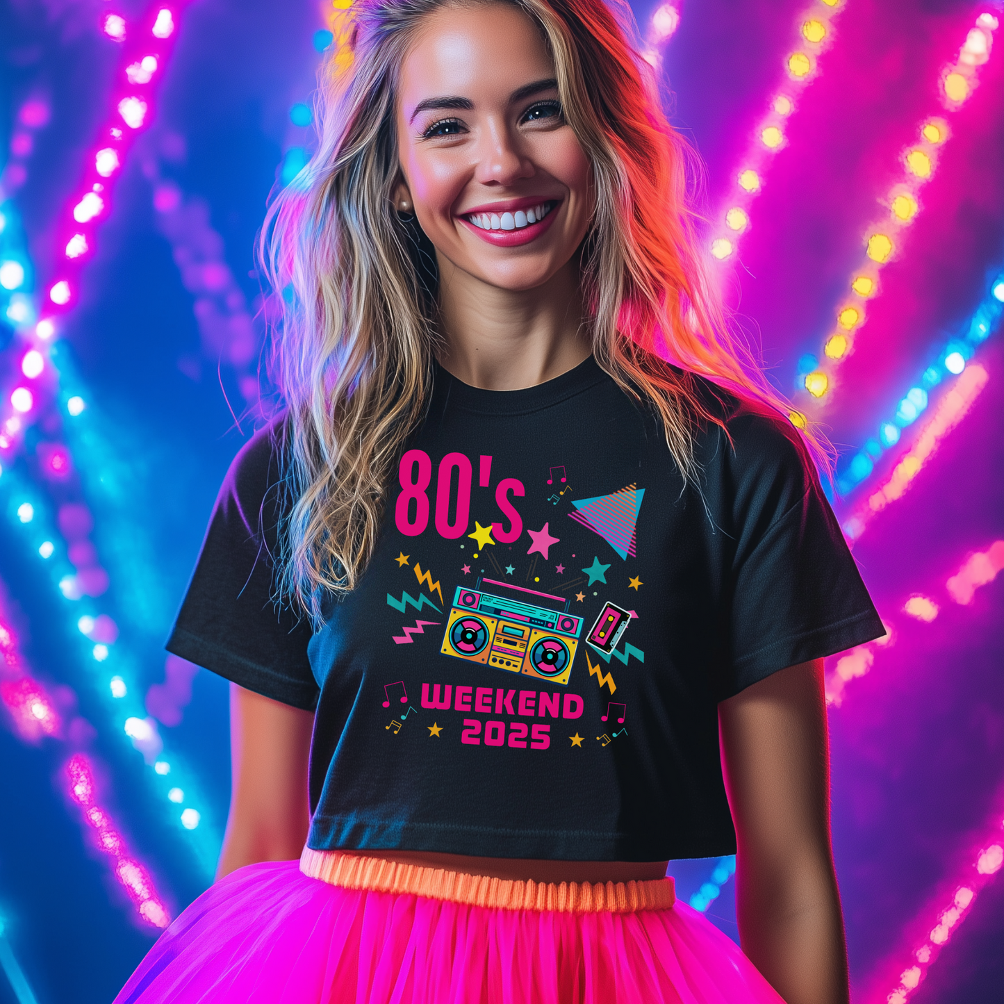 A cheerful young woman with long blonde hair smiles brightly while modeling a black crop top t-shirt with a colourful 80s-themed design, including a boombox, cassette tape, and "80's WEEKEND 2025" text, against a vibrant, blurred light background.