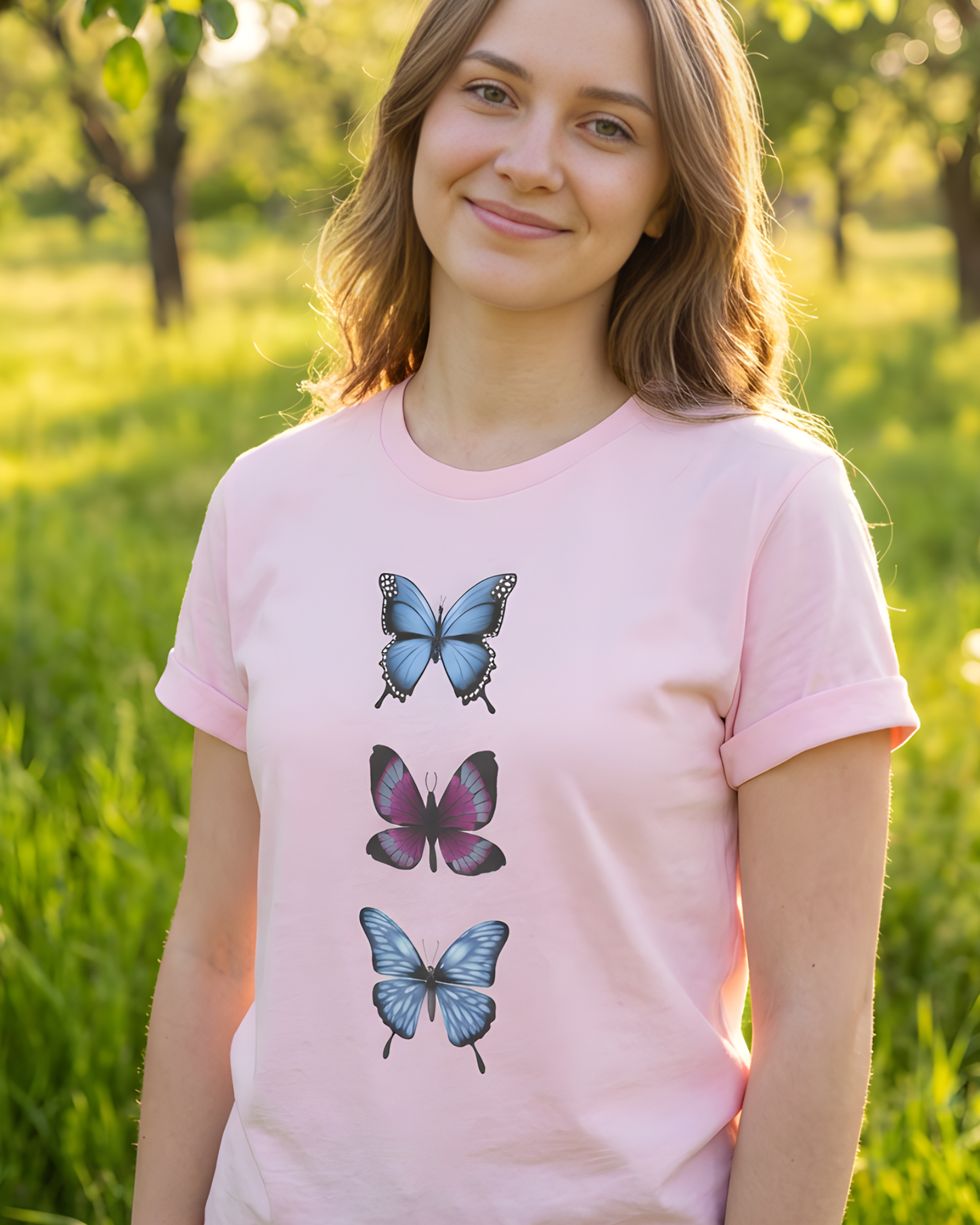 Woman wearing a soft pink t-shirt with three colourful butterflies in a vertical design, standing outdoors in a green, sunlit field.