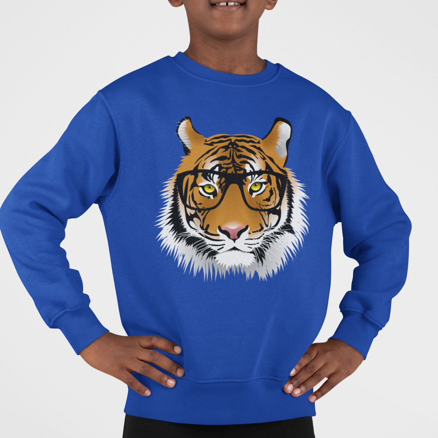 Boy models a royal blue sweatshirt with intelligent tiger wearing glasses graphic on the front