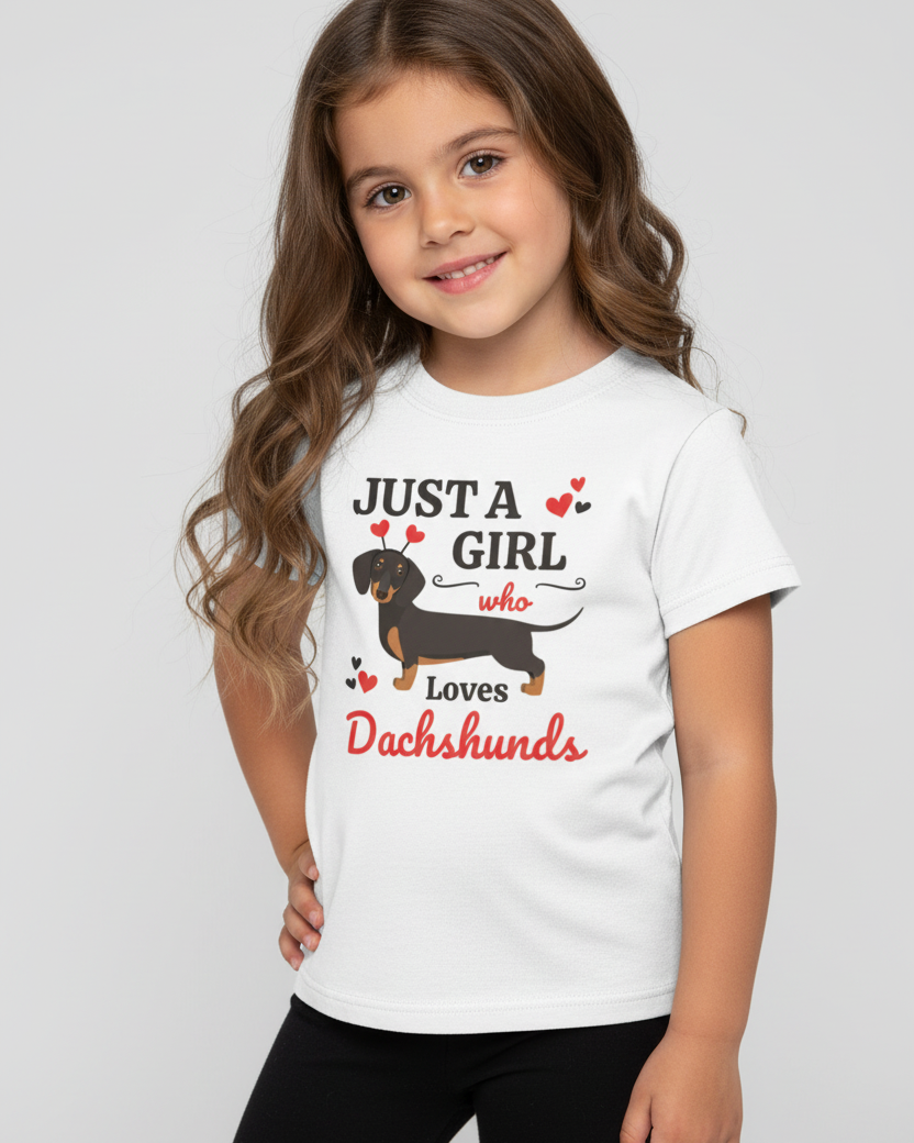 Girl wearing white Just A Girl Who Loves Dachshunds t shirt, cute dachshund graphic kids cotton tee, dog lover gift for girls