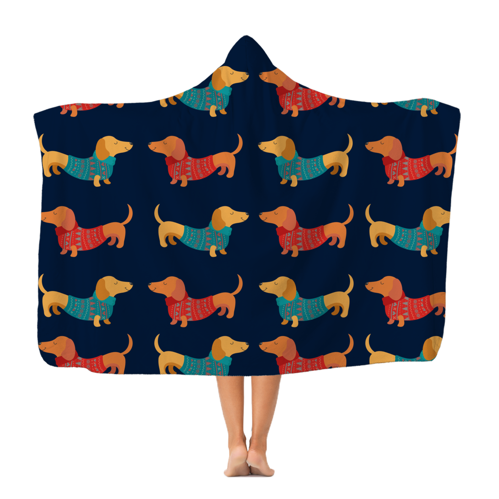 Kids & Adults Navy Hooded Blanket with a pattern of Dachshund Dogs wearing Jumpers