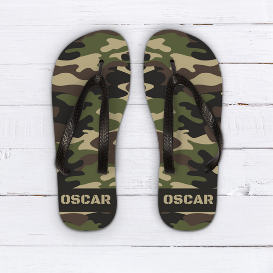 Kids camouflage personalised name flip flops