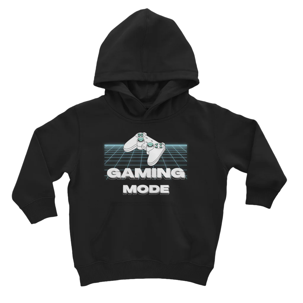 Kids black pullover hoodie with a 'Gaming Mode' graphic and a neon grid pattern on the front.